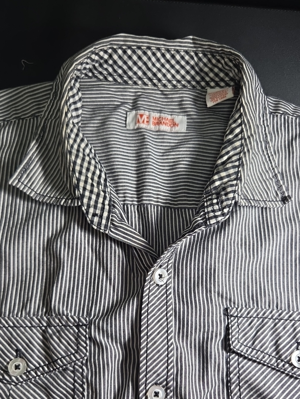 Michael Brandon Black & White Striped Casual Button-Down Shirt